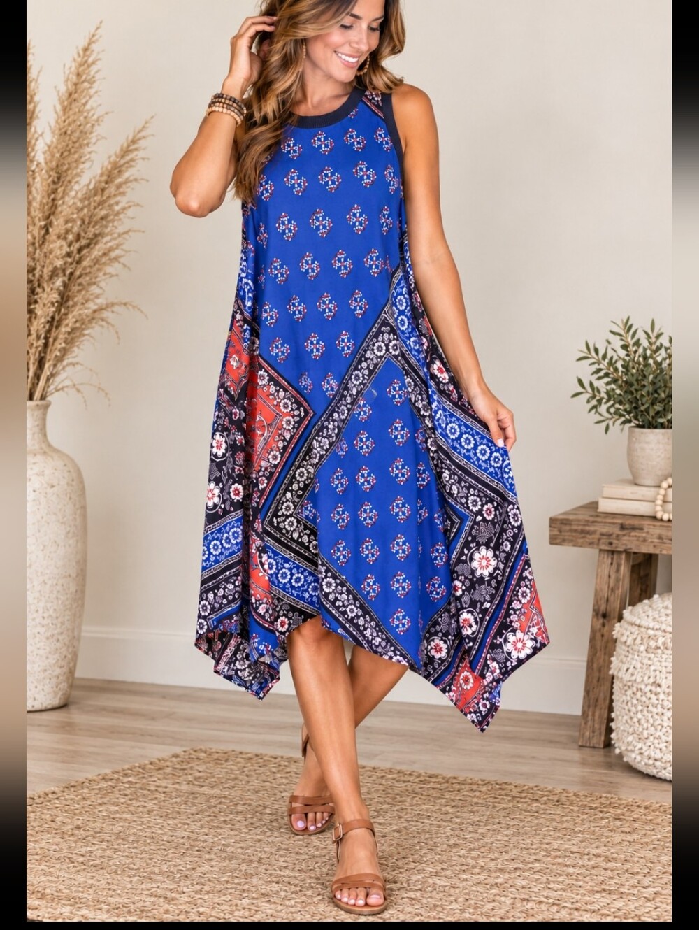 Karl Lagerfeld Paris Bohemian Handkerchief Hem Maxi Dress - Blue Pattern Size 12